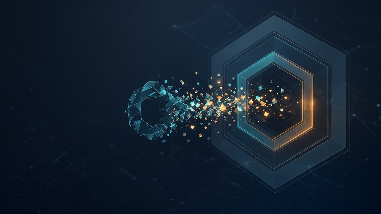 Ilustración abstracta de una llave fragmentada en pequeños tokens luminosos que atraviesan una compuerta geométrica